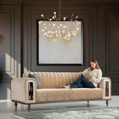 Luxury Bank Sofa Couch Beige Living Room Office Textile Sofas