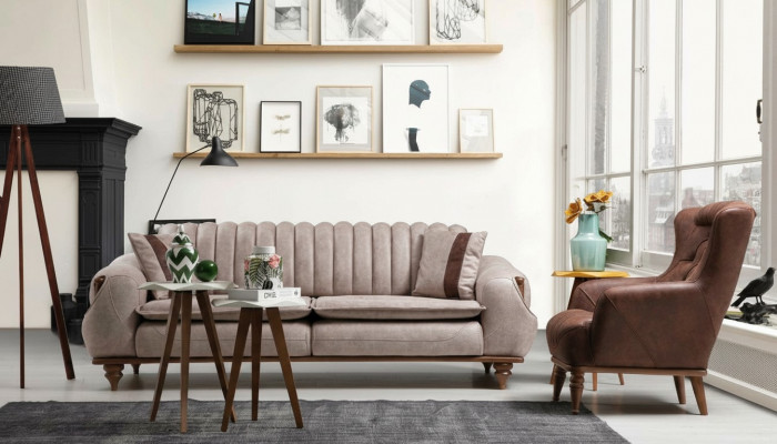 Designer sofa set 3+1 seat coffee table sofa cover fabric brown wood