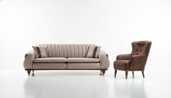 Designer sofa set 3+1 seat coffee table sofa cover fabric brown wood