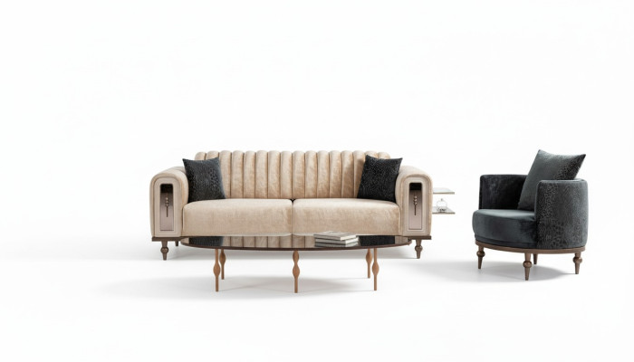 Modern design couch set, sofa set, living room set 3+1 coffee table beige