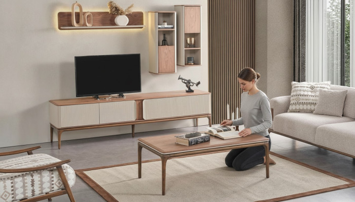 Sideboard TV lowboard cabinet coffee table living room modern beige wood