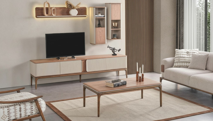 Sideboard TV lowboard cabinet coffee table living room modern beige wood