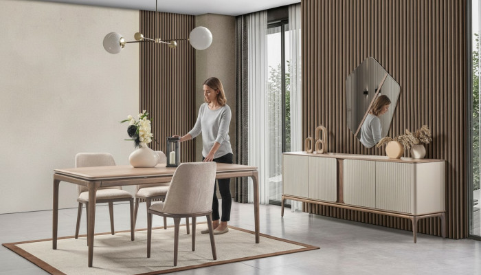 Dining set, dining table, 4 chairs, sideboard, mirror, modern 7-piece wood, beige