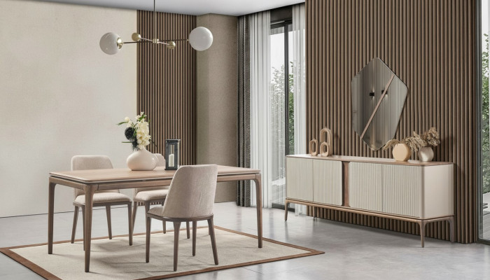 Dining set, dining table, 4 chairs, sideboard, mirror, modern 7-piece wood, beige