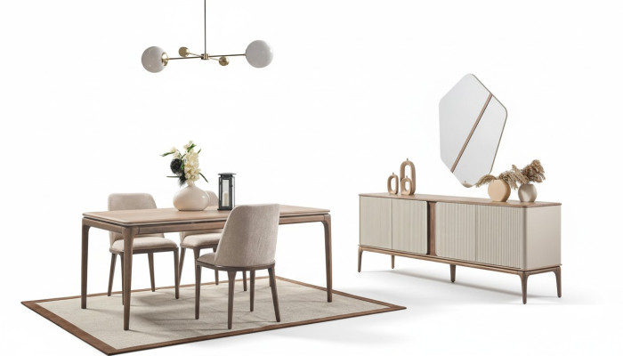 Dining set, dining table, 4 chairs, sideboard, mirror, modern 7-piece wood, beige