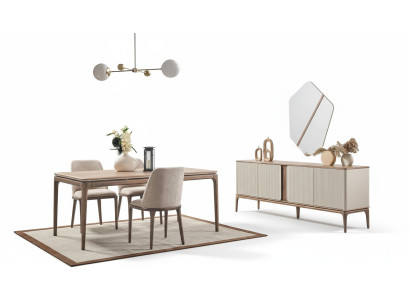 Dining set, dining table, 4 chairs, sideboard, mirror, modern 7-piece wood, beige