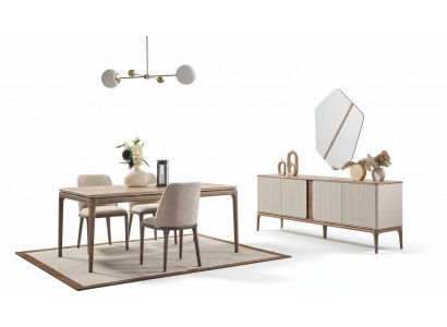 Dining set, dining table, 4 chairs, sideboard, mirror, modern 7-piece wood, beige