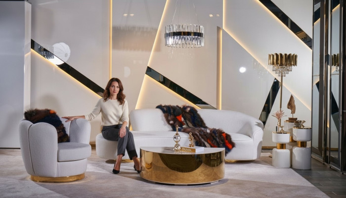 Modern sofa set, white three-seater, luxury armchair, elegant coffee table