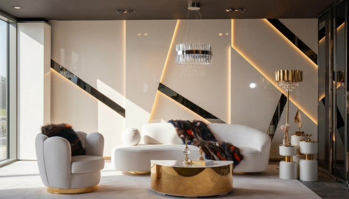Modern sofa set, white three-seater, luxury armchair, elegant coffee table