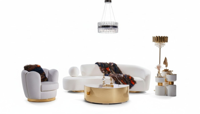 Modern sofa set, white three-seater, luxury armchair, elegant coffee table