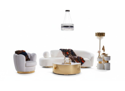 Modern sofa set, white three-seater, luxury armchair, elegant coffee table