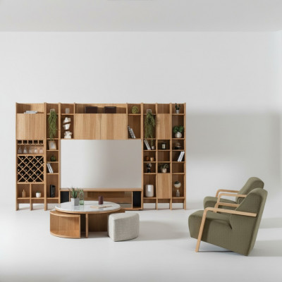 Living room furniture set designer armchair 2x wall unit coffee table