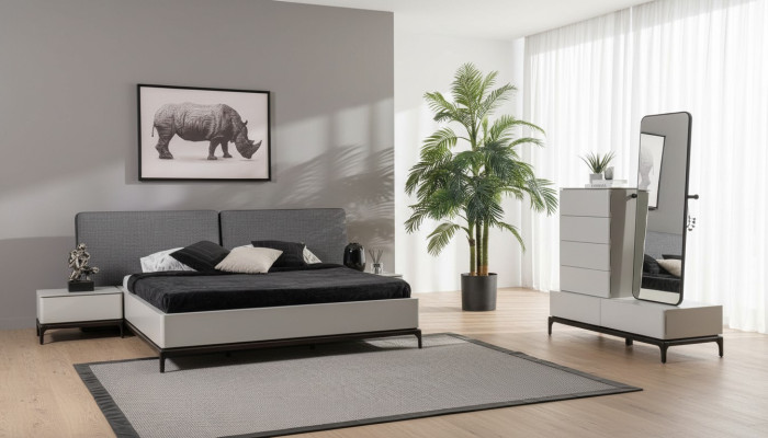 Modern black and white bedroom set (bed, two nightstands, dresser with mirror)