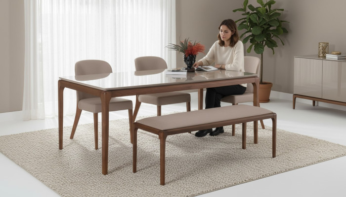Dining Group Dining Room Set Bench 4x Chairs Table Furniture Beige 6-piece set
