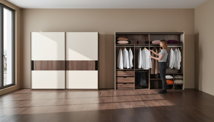 Luxury wardrobe with sliding doors wood wardrobe modern style beige