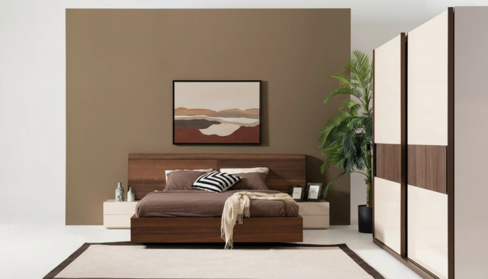 Stylish modern bed with two natural wood nightstands