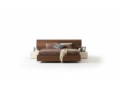 Stylish modern bed with two natural wood nightstands