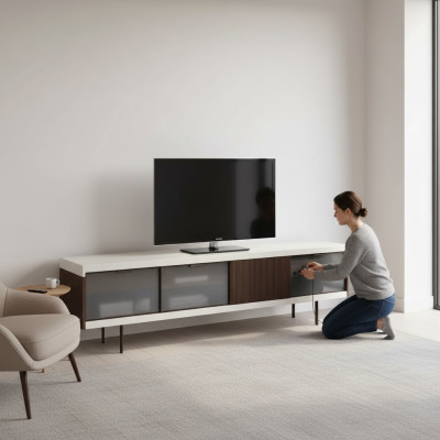 Lowboard RTV Shelf Sideboard RTV Design Luxury Wood White Furniture 225cm