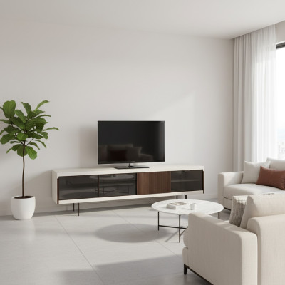 Lowboard RTV Shelf Sideboard RTV Design Luxury Wood White Furniture 225cm