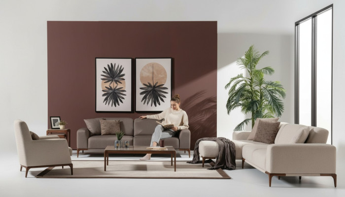 Living room corner sofa L-shape sofa 3 armchairs coffee table 2x side tables set
