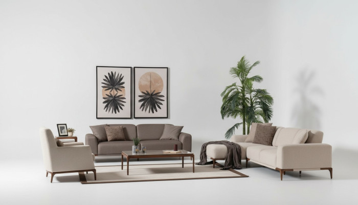 Living room corner sofa L-shape sofa 3 armchairs coffee table 2x side tables set