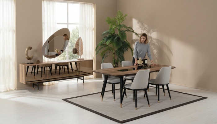 Dining Room Set Table 4x Chairs Sideboard Mirror Suite Design New 7-piece Set