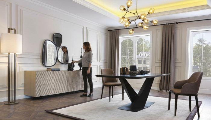 Dining table, table, 4x chairs, sideboard, mirror, 7-piece design set ensemble