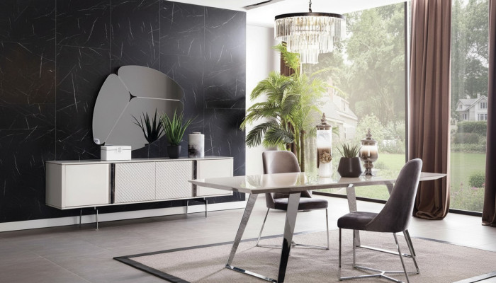 Dining room group set table 4x chairs sideboard mirror 7-piece. Gray dining ensemble
