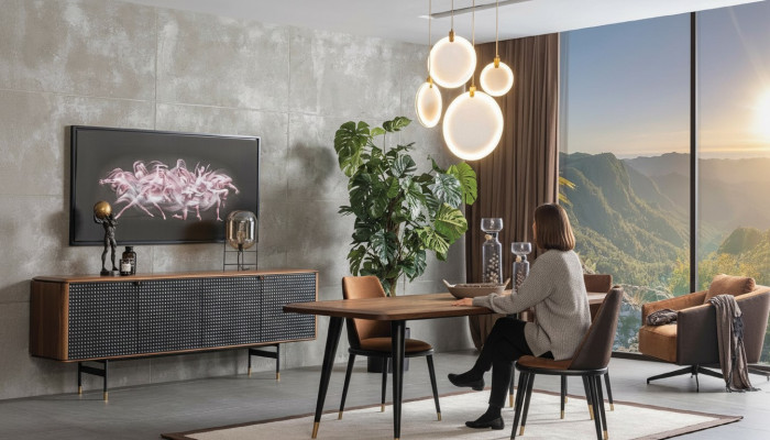 Dining group set with dining table, 4x chairs, sideboard furniture, dining room.