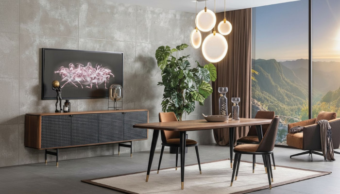 Dining group set with dining table, 4x chairs, sideboard furniture, dining room.