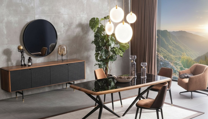 Dining room set table 4x chairs sideboard mirror 7-piece group dining suite
