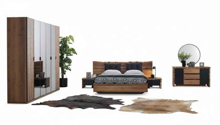 Bedroom set: bed, 2x nightstands, wardrobe, dresser, mirror, 6 pieces.