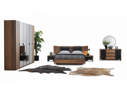 Bedroom set: bed, 2x nightstands, wardrobe, dresser, mirror, 6 pieces.