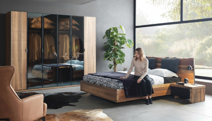 Bedroom bed 2x nightstand wardrobe furniture wood modern set