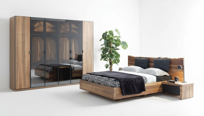Bedroom bed 2x nightstand wardrobe furniture wood modern set