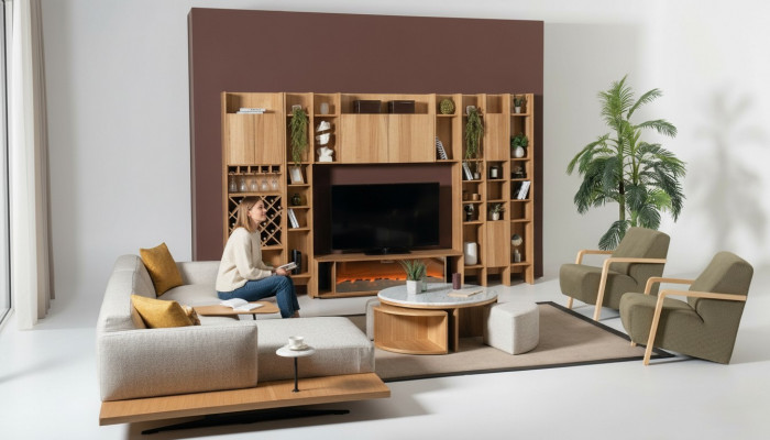 Wall unit with electric fireplace, wall units, corner sofa, armchair, complete set, 5-piece set