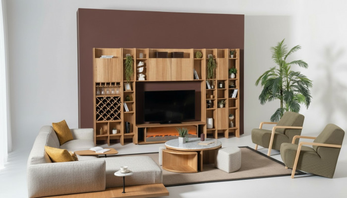 Wall unit with electric fireplace, wall units, corner sofa, armchair, complete set, 5-piece set