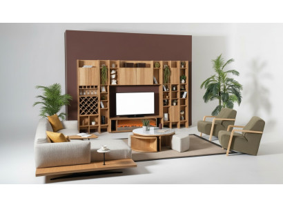 Wall unit with electric fireplace, wall units, corner sofa, armchair, complete set, 5-piece set