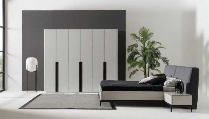 Bed, 2x nightstands, wardrobe, luxury wood bedroom, hotel furniture, 4-piece set.