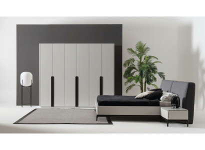 Bed, 2x nightstands, wardrobe, luxury wood bedroom, hotel furniture, 4-piece set.
