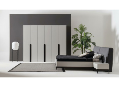 Bed, 2x nightstands, wardrobe, luxury wood bedroom, hotel furniture, 4-piece set.