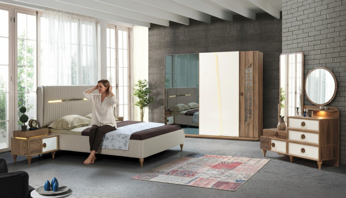 Bedroom set bed 2x bedside tables 5-piece design textile wood wardrobe