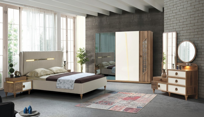 Bedroom set bed 2x bedside tables 5-piece design textile wood wardrobe