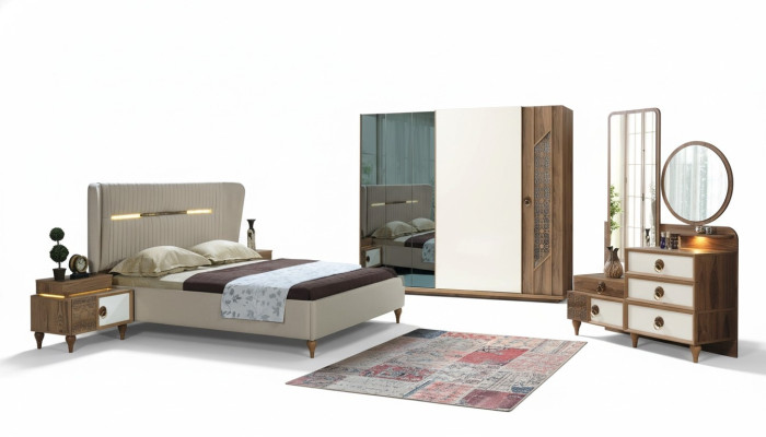 Bedroom set bed 2x bedside tables 5-piece design textile wood wardrobe