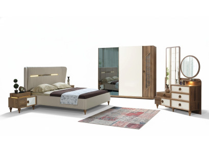 Bedroom set bed 2x bedside tables 5-piece design textile wood wardrobe