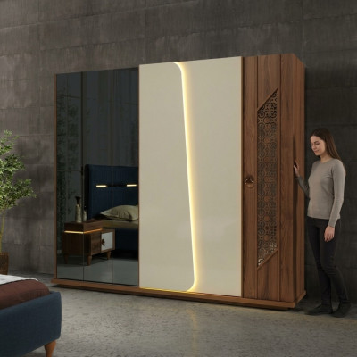Bedroom wardrobe closet wood design brown luxury LED cabinets