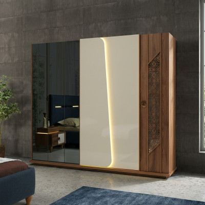 Bedroom wardrobe closet wood design brown luxury LED cabinets