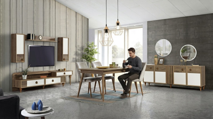Dining room set table 4x chairs sideboard set design wood textile