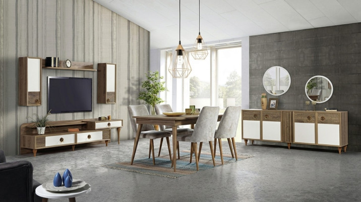 Dining room set table 4x chairs sideboard set design wood textile
