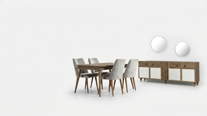 Dining room set table 4x chairs sideboard set design wood textile